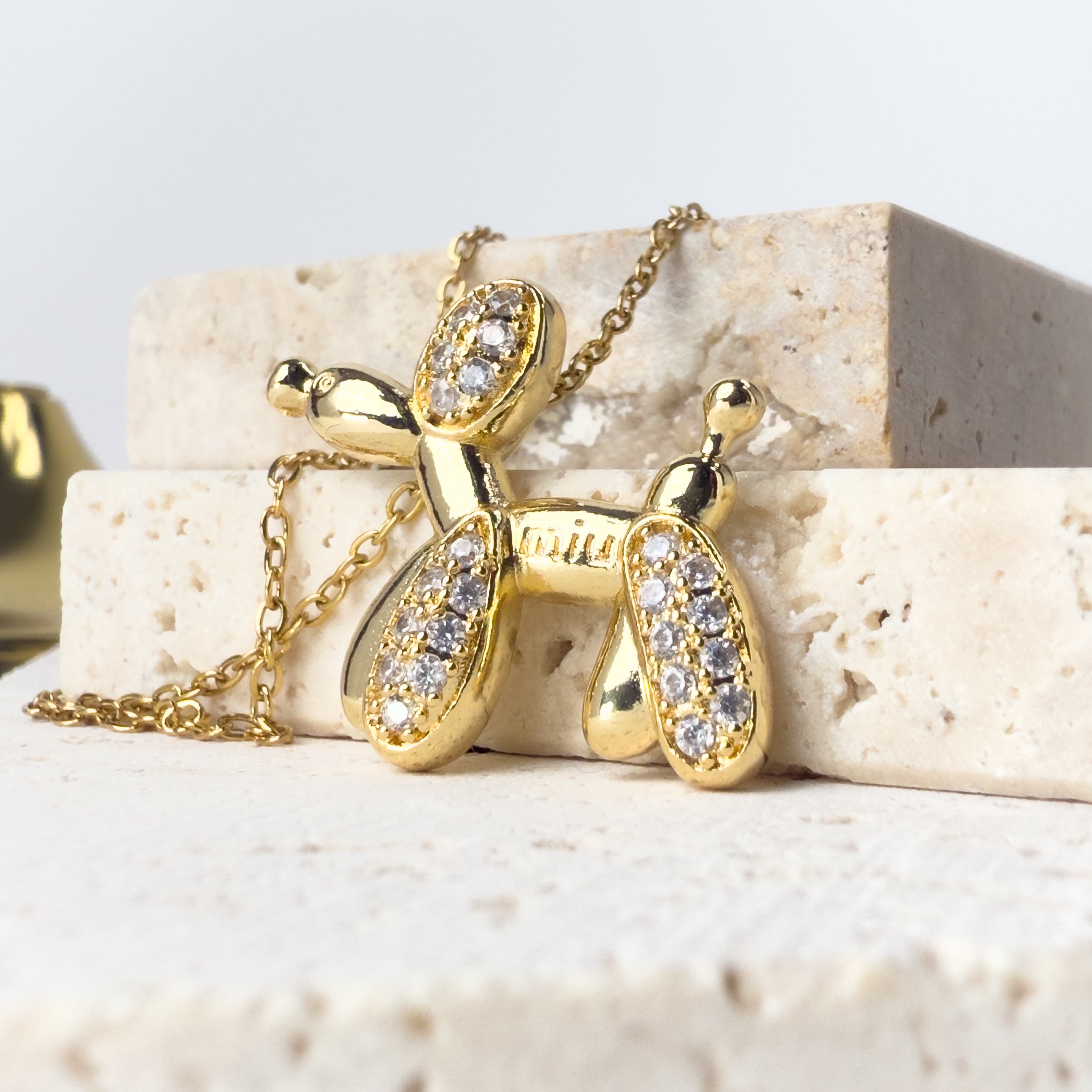 Gold Balloon Dog Pendant Necklace - With Crystals
