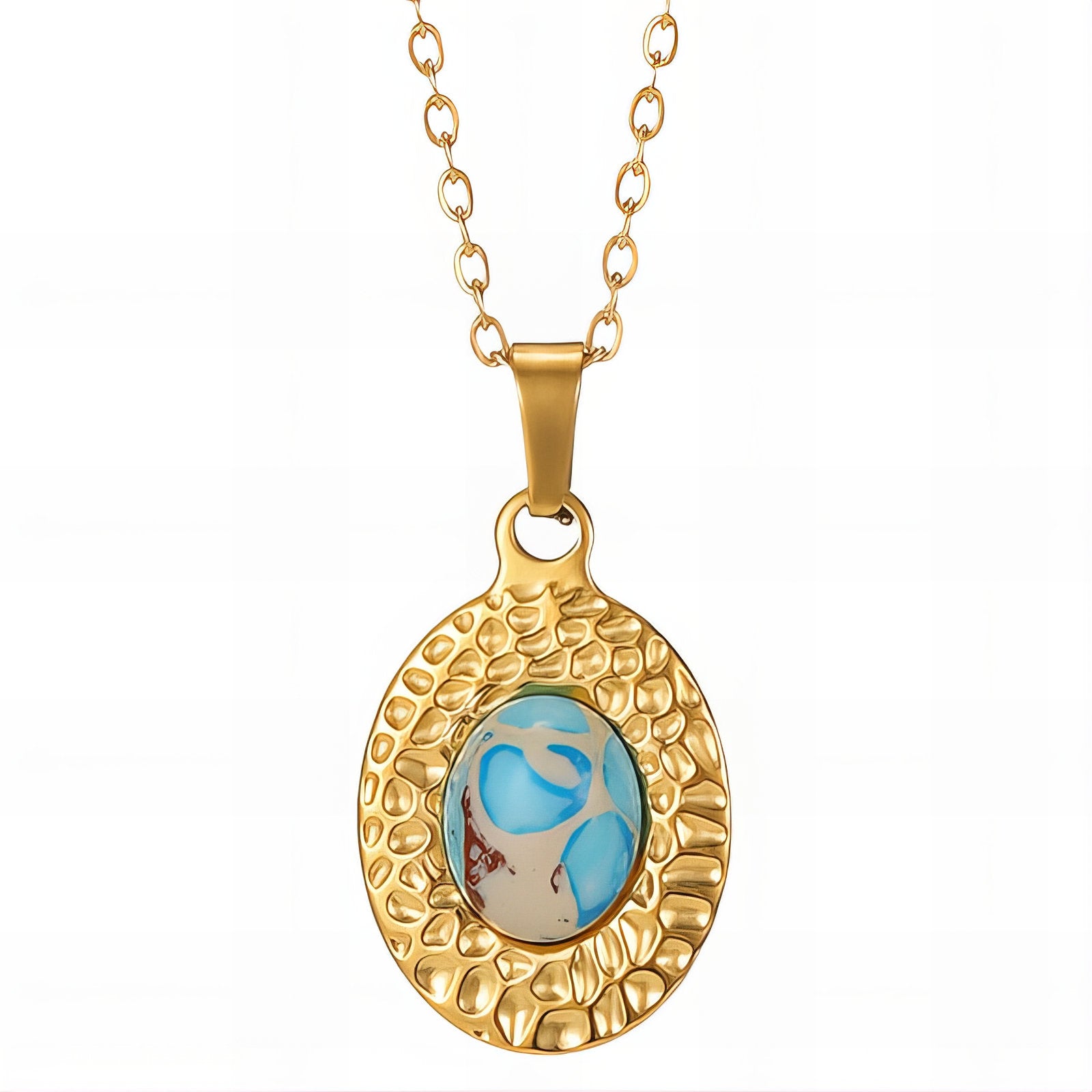 Gold boho style pendant necklace with abstract blue stone by Noble Aura UK