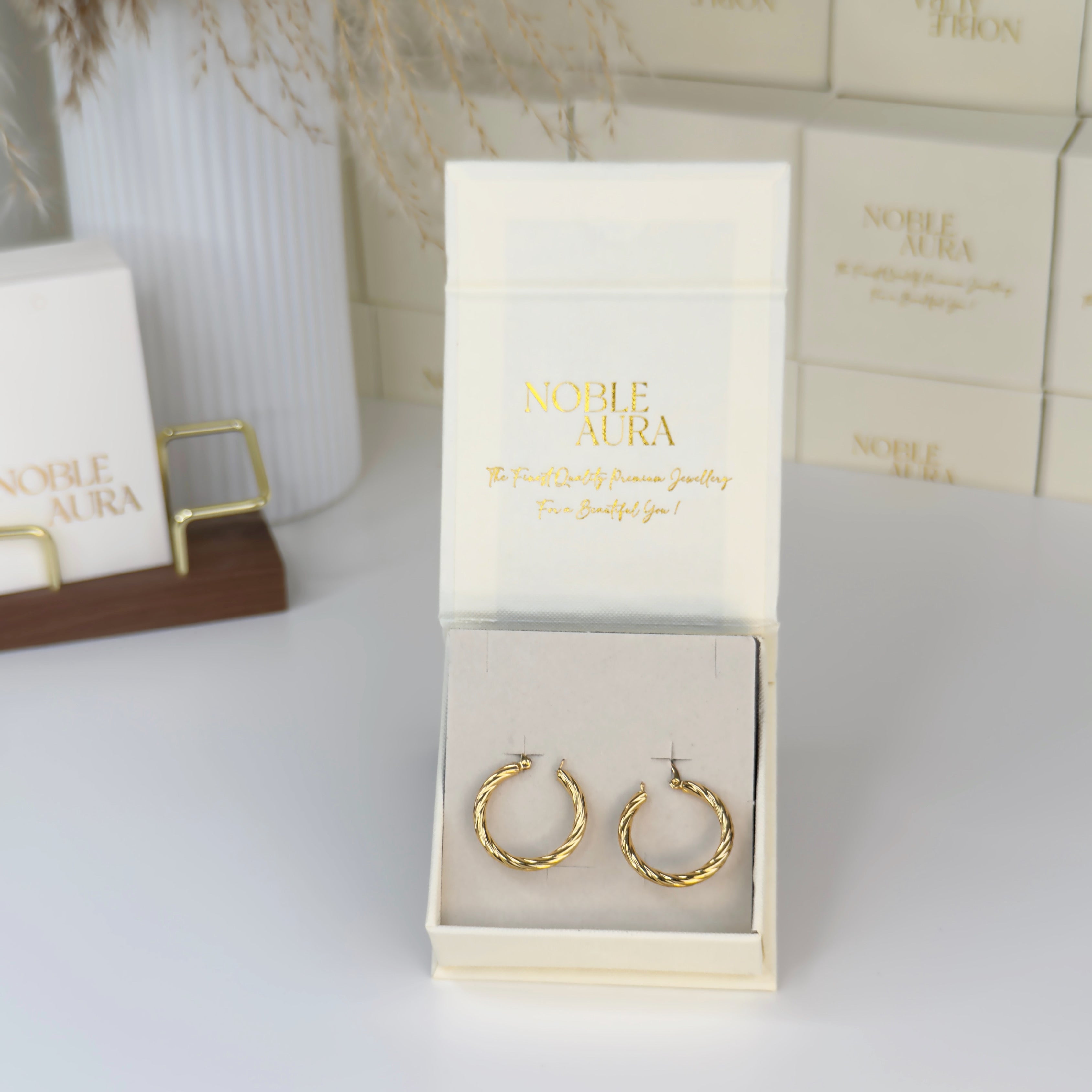 Classic twisted gold hoop earrings for everyday wear by Noble Aura UK