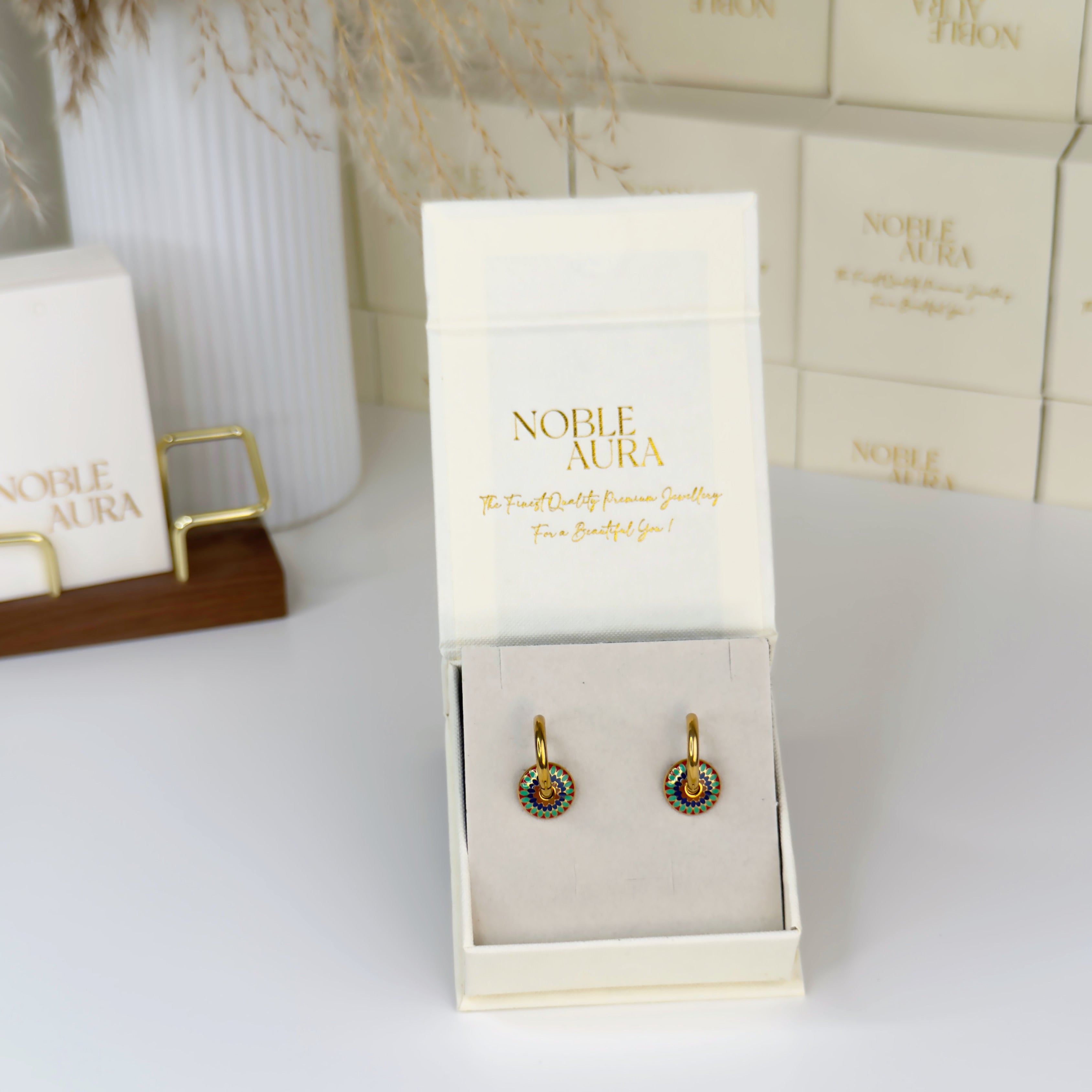 Colourful mosaic hoop earrings with vibrant stone detailing by Noble Aura UK