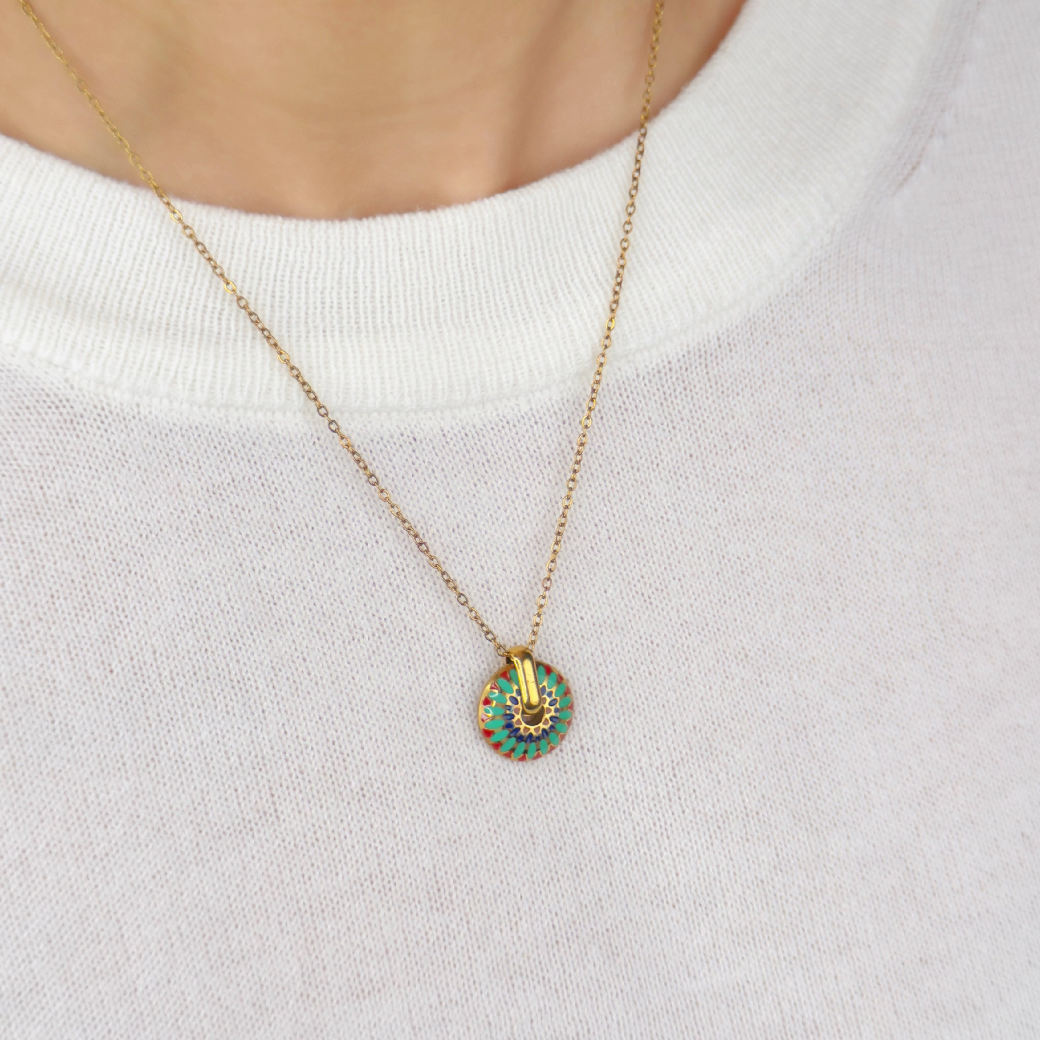 Gold mandala pendant necklace with colourful mosaic detailing by Noble Aura UK
