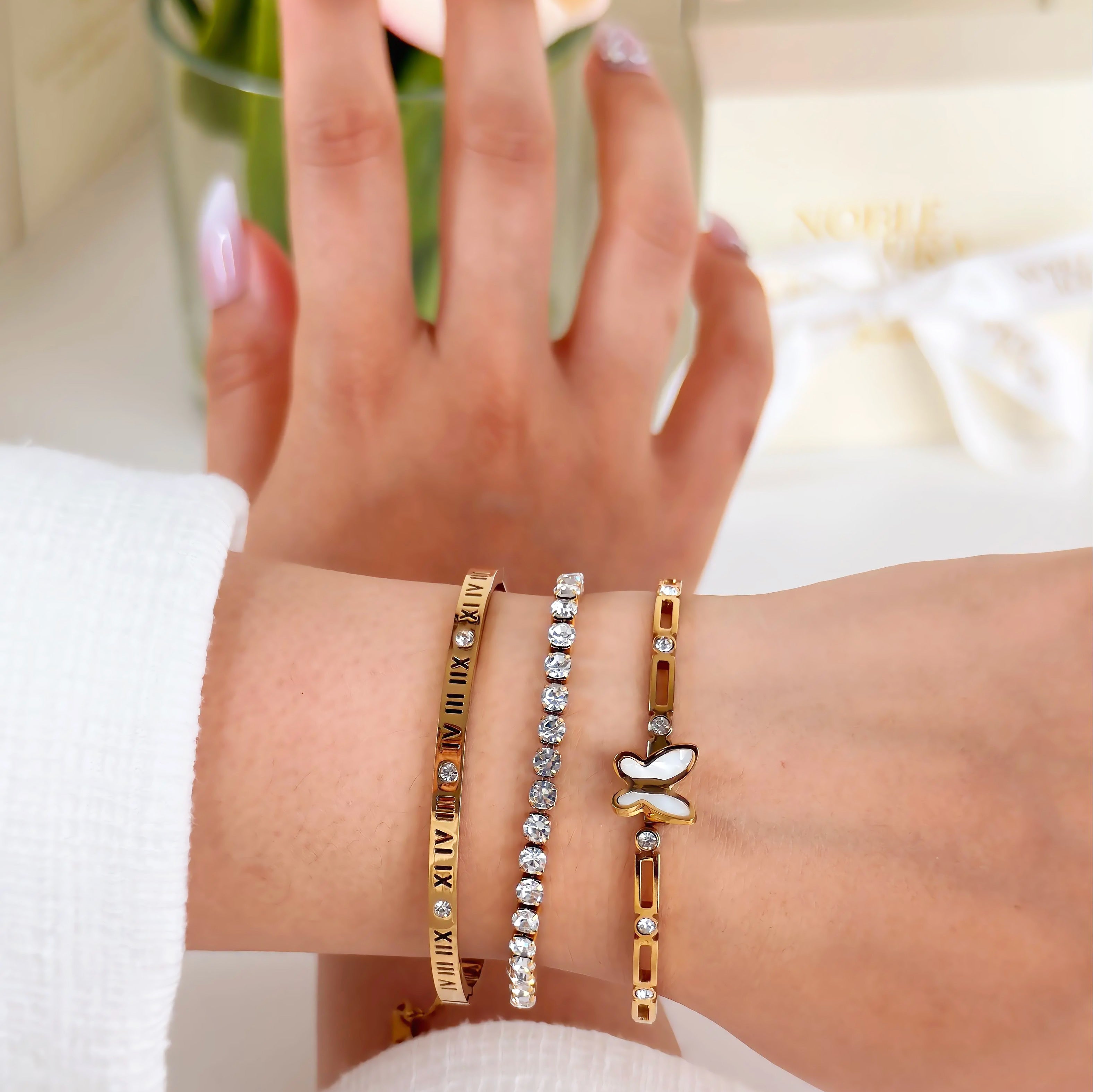 Roman Numeral Bangle Waterproof Tarnish-Free Gold Bracelet