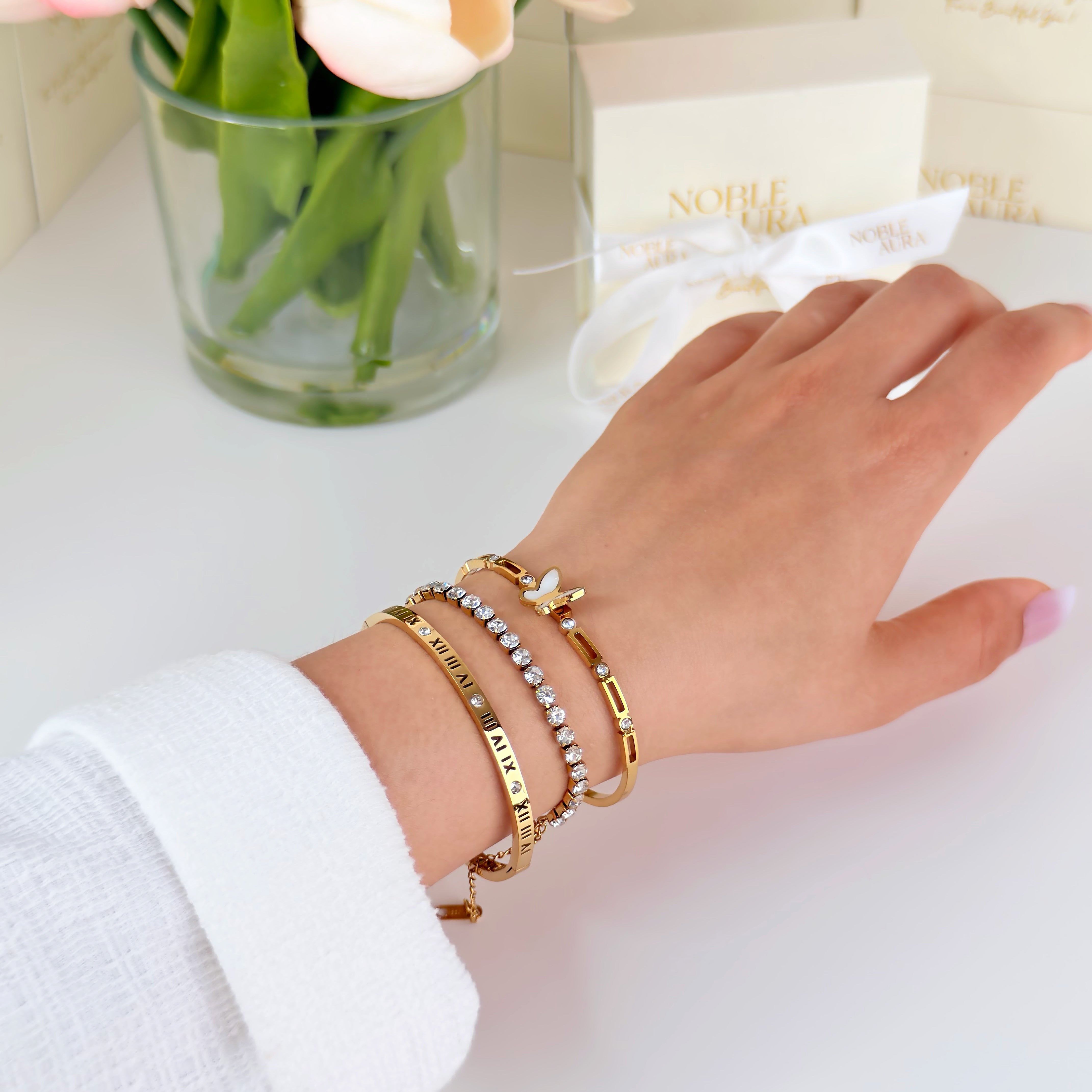 Roman Numeral Bangle Waterproof Tarnish-Free Gold Bracelet