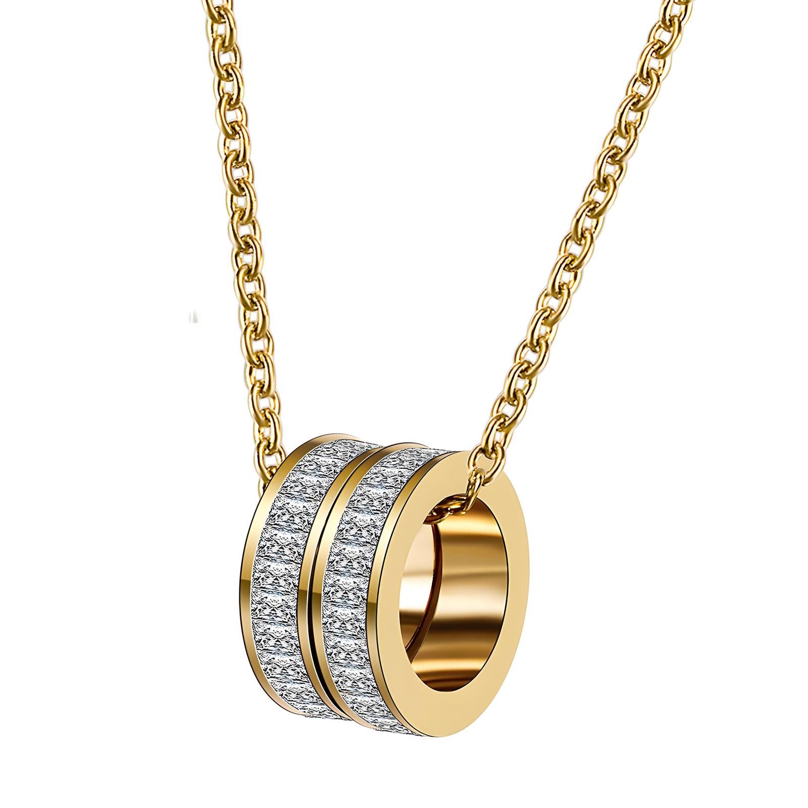 Gold double ring pendant necklace with minimalist interlocking design by Noble Aura UK
