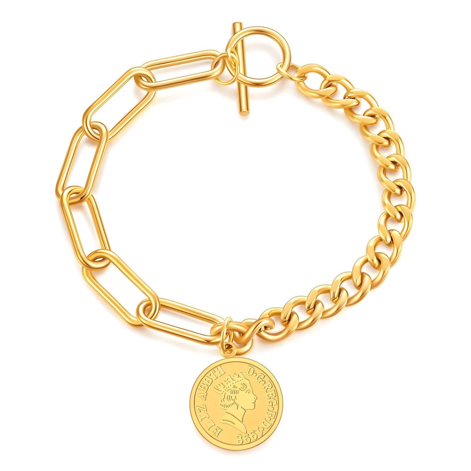 Gold coin pendant bracelet with chunky chain link and toggle clasp by Noble Aura UK
