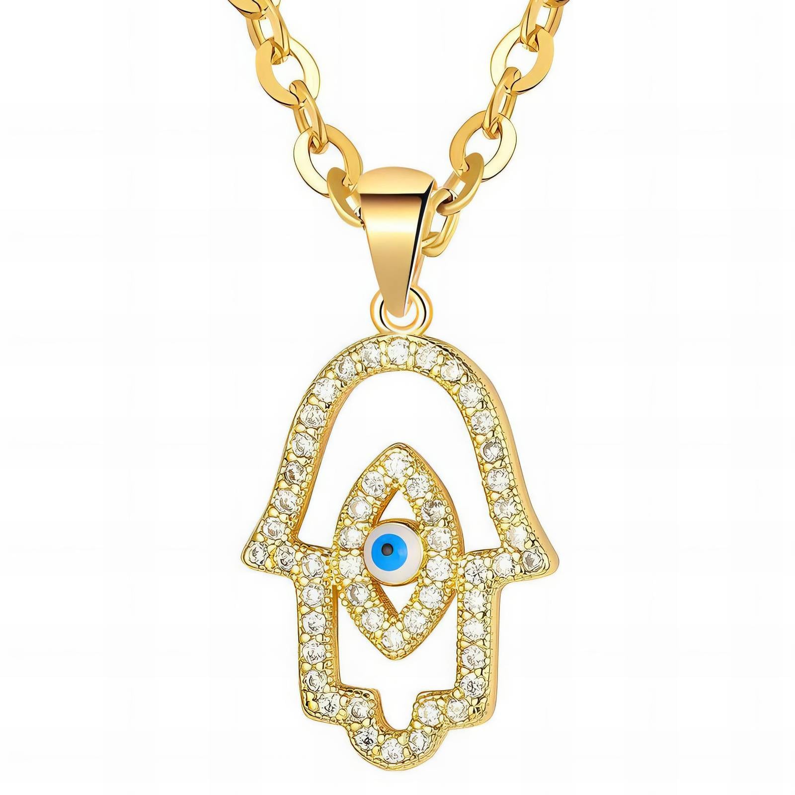 Gold Hamsa hand necklace with evil eye crystal pavé detailing by Noble Aura UK
