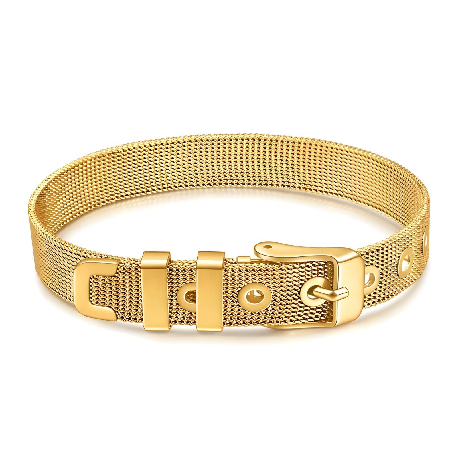 Gold mesh belt style bracelet with adjustable clasp by Noble Aura UK

