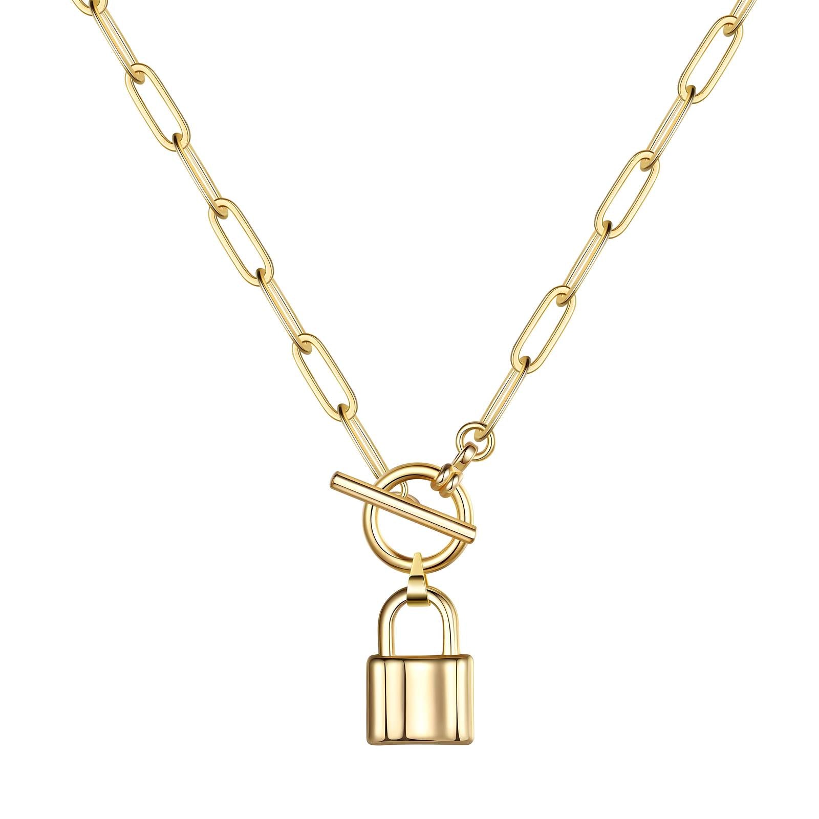Gold padlock necklace with T bar fastening by Noble Aura UK
