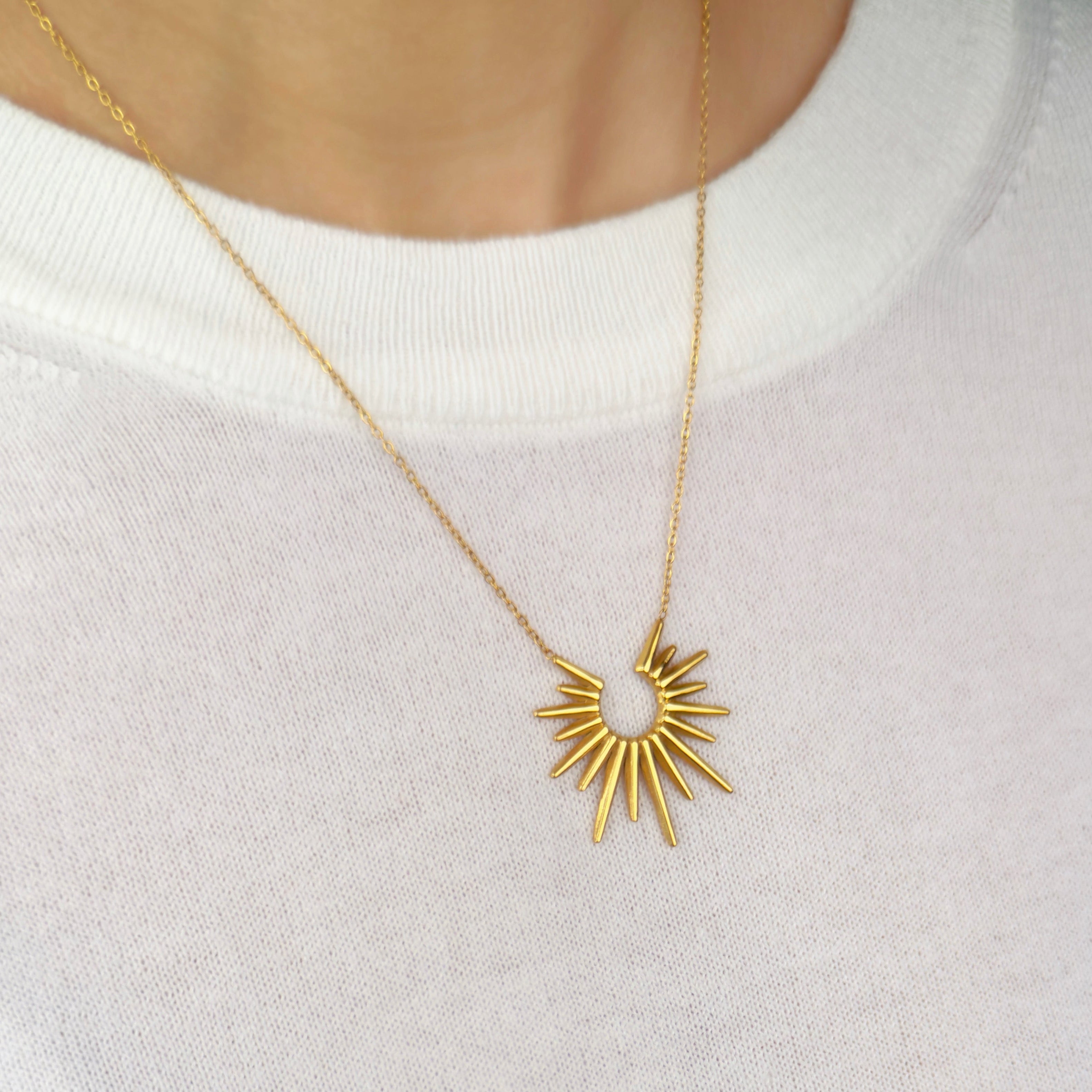 Gold sunburst pendant necklace with radiant textured design by Noble Aura UK. Comes in Premium packaging. Free Delivery over £50.
