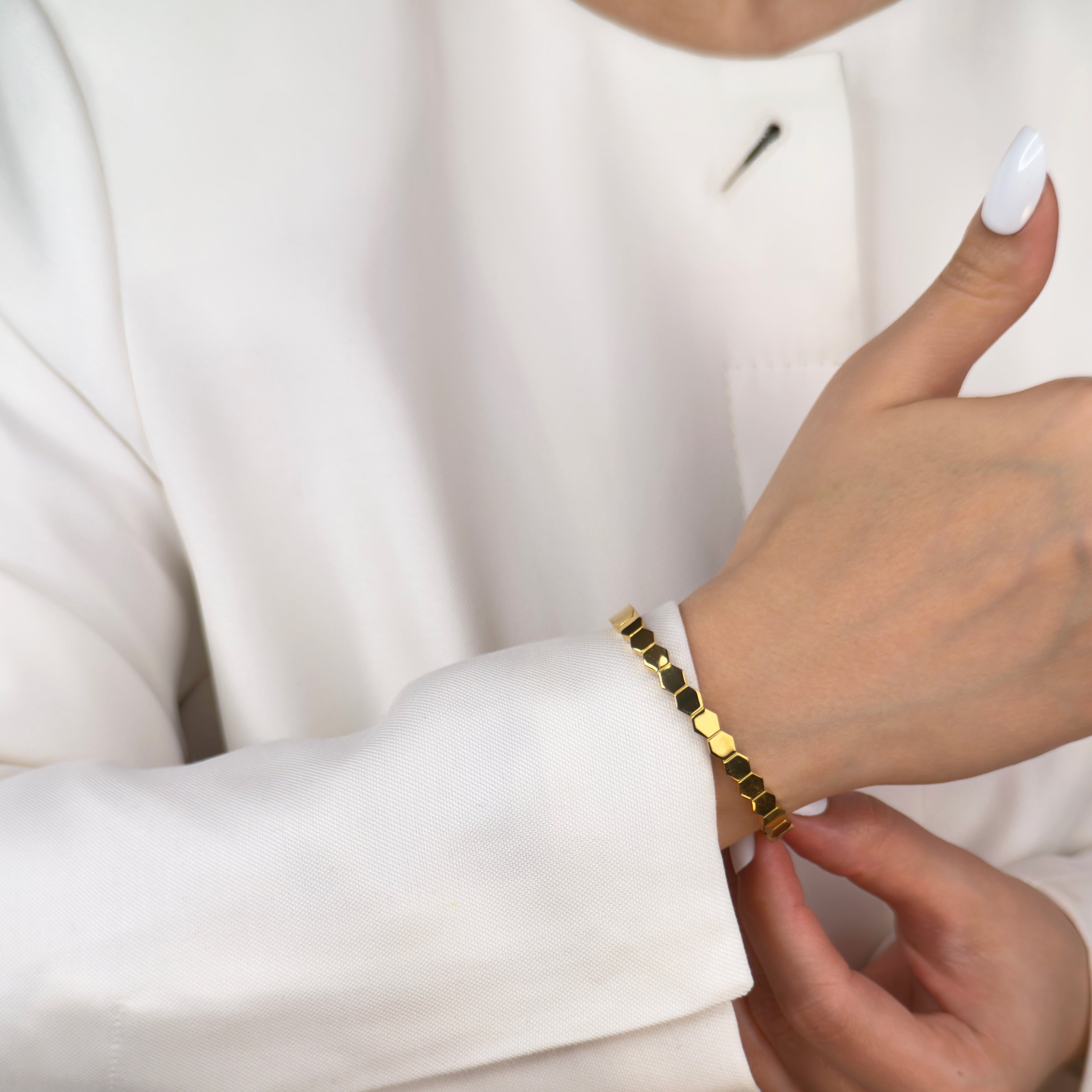 Modern gold hexagon link bangle bracelet by Noble Aura UK
