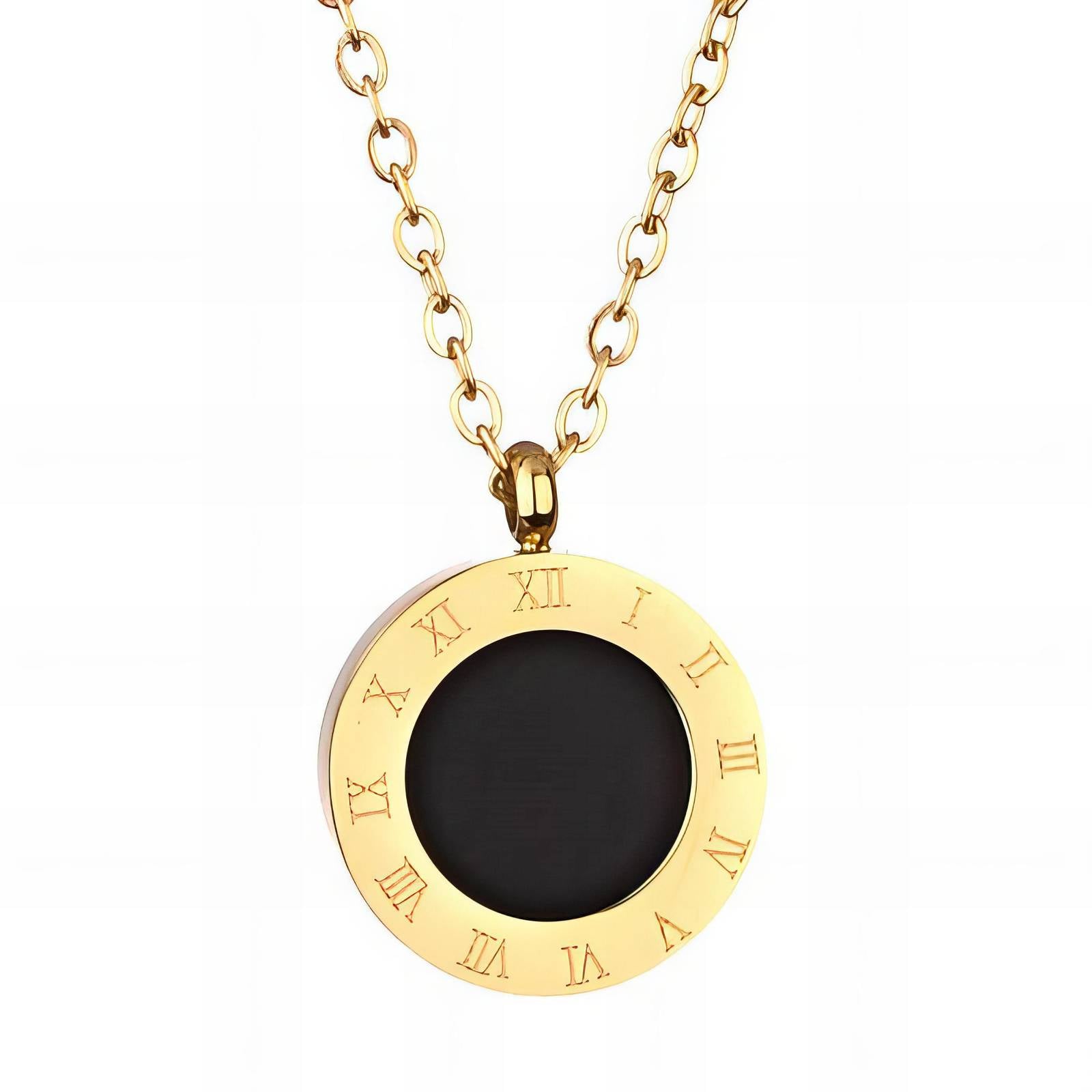 Gold Roman numeral pendant necklace with elegant detailing by Noble Aura UK
