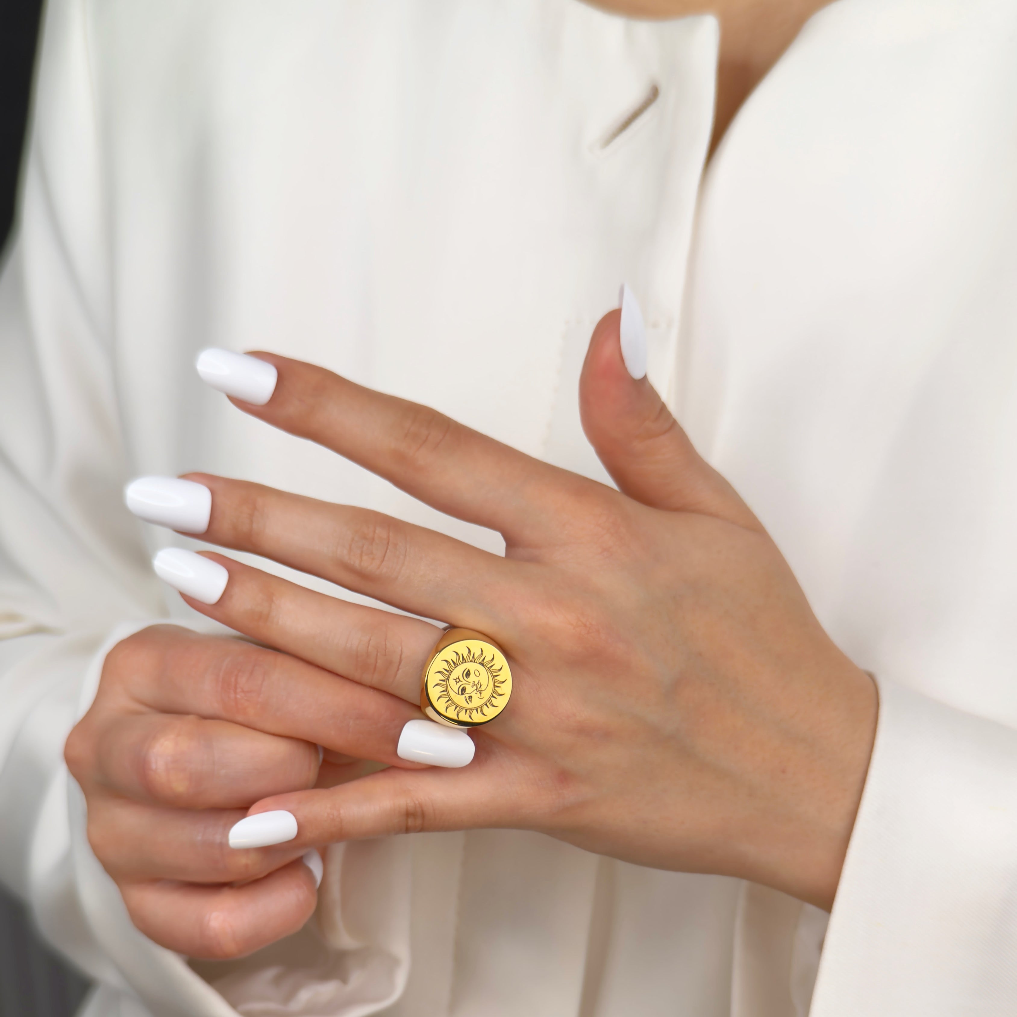 Sun and moon celestial gold signet ring limited edition design by Noble Aura UK
