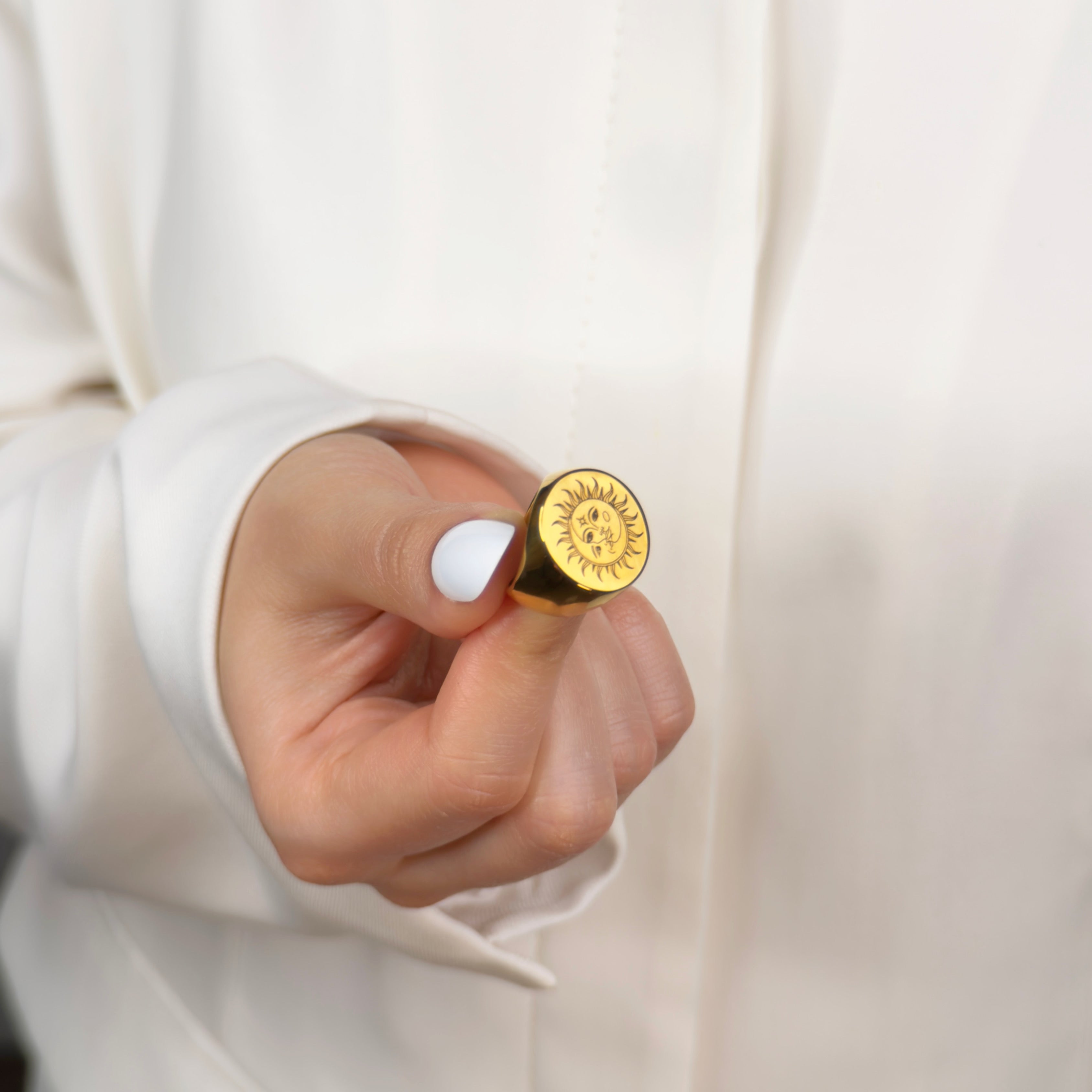 Sun and moon celestial gold signet ring limited edition design by Noble Aura UK
