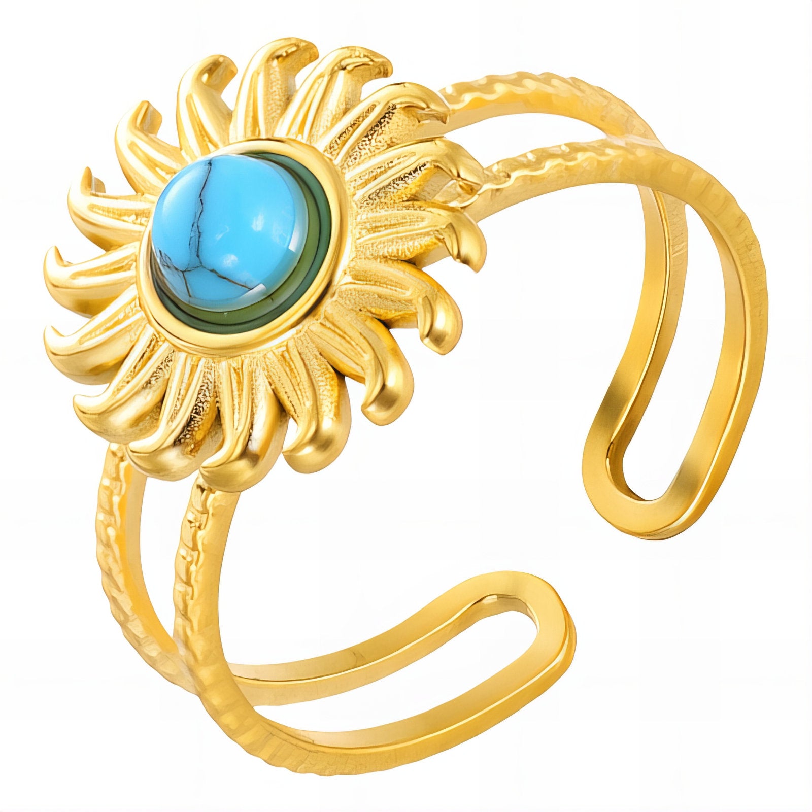 Gold cuff ring with turquoise sun design by Noble Aura UK. “Adjustable – fits most ring sizes”

